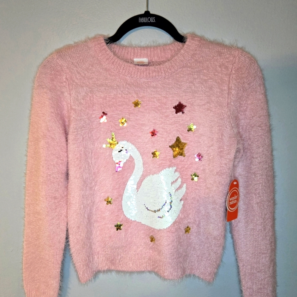 Wonder Nation Girls Pink Eyelash Sweater Graphic Sequined Swan
